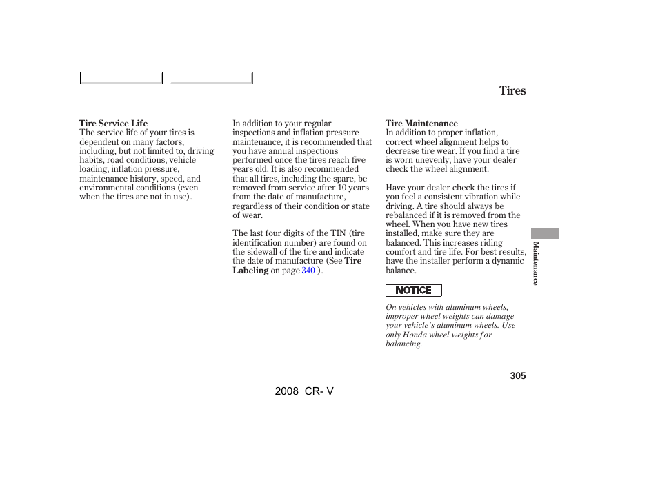Tires | HONDA 2008 CR-V User Manual | Page 309 / 373