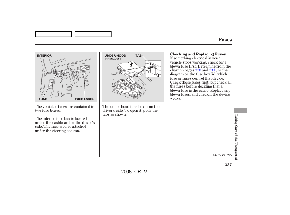 Fuses, 2008 cr- v | HONDA 2008 CR-V User Manual | Page 331 / 373