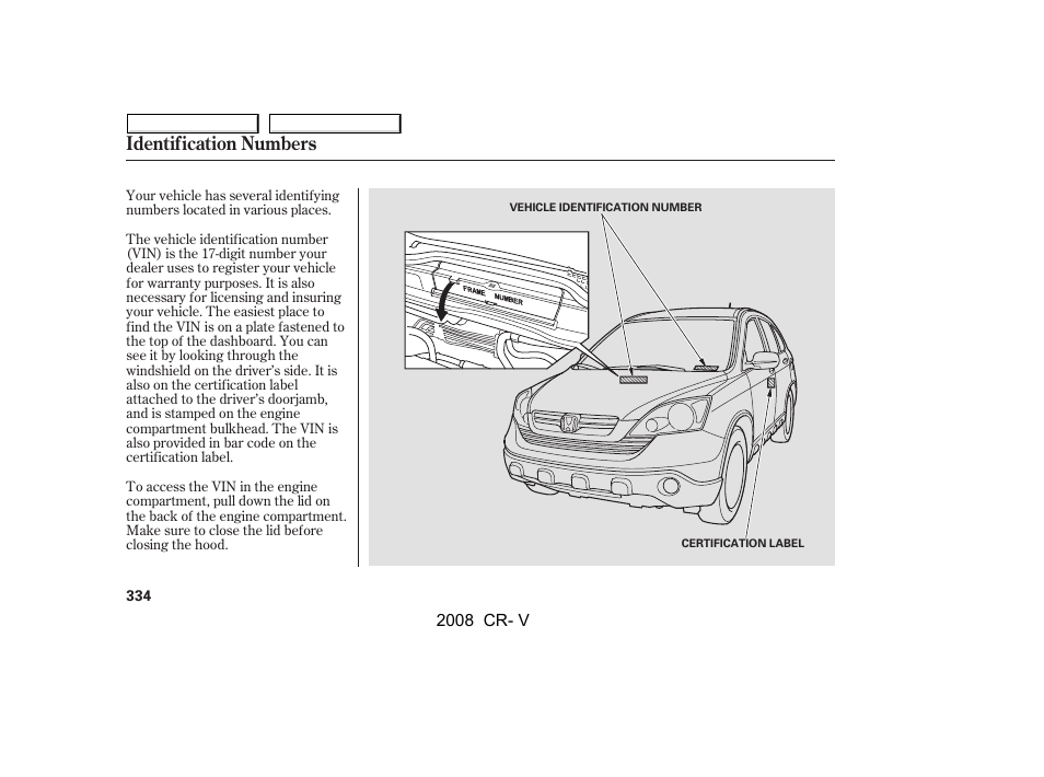 Identification numbers | HONDA 2008 CR-V User Manual | Page 338 / 373