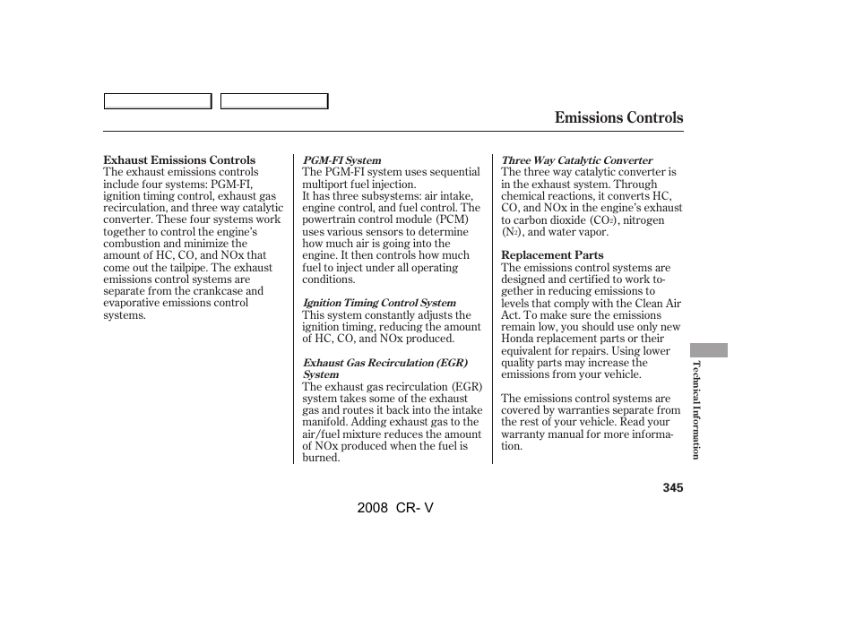 Emissions controls, 2008 cr- v | HONDA 2008 CR-V User Manual | Page 349 / 373