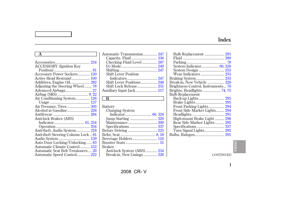 Index | HONDA 2008 CR-V User Manual | Page 359 / 373