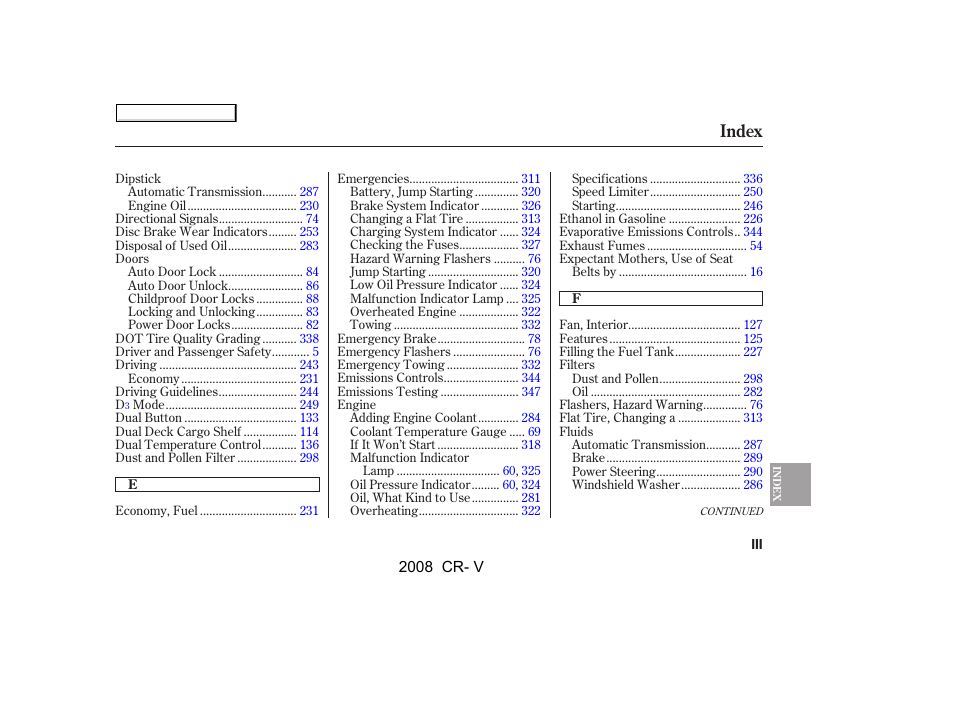 Index | HONDA 2008 CR-V User Manual | Page 361 / 373