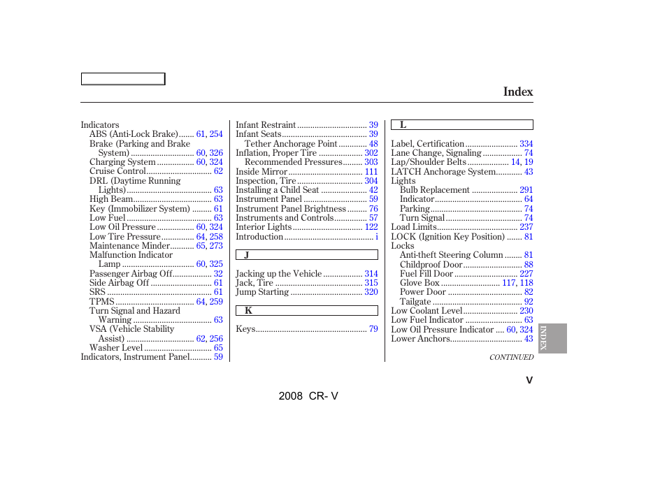 Index | HONDA 2008 CR-V User Manual | Page 363 / 373