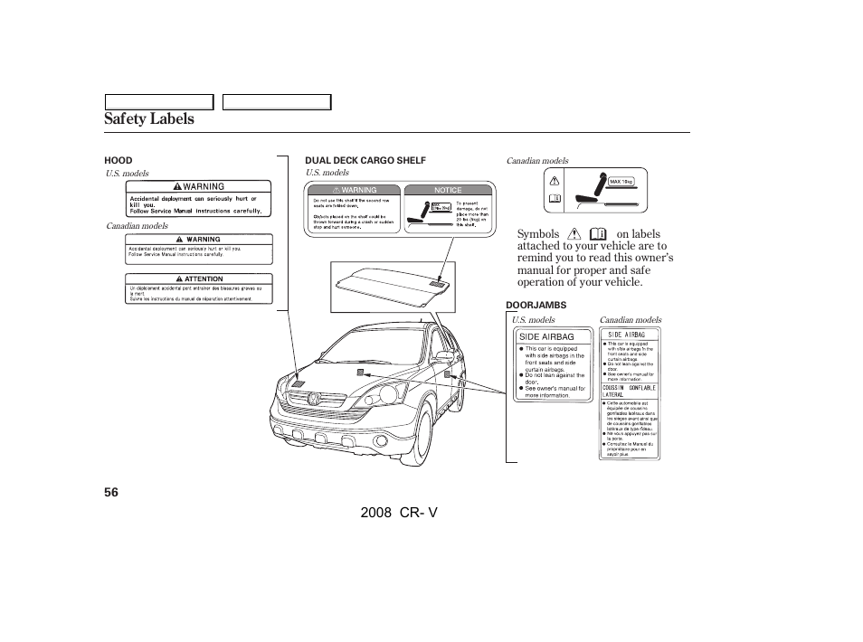 Safety labels, 2008 cr- v | HONDA 2008 CR-V User Manual | Page 60 / 373