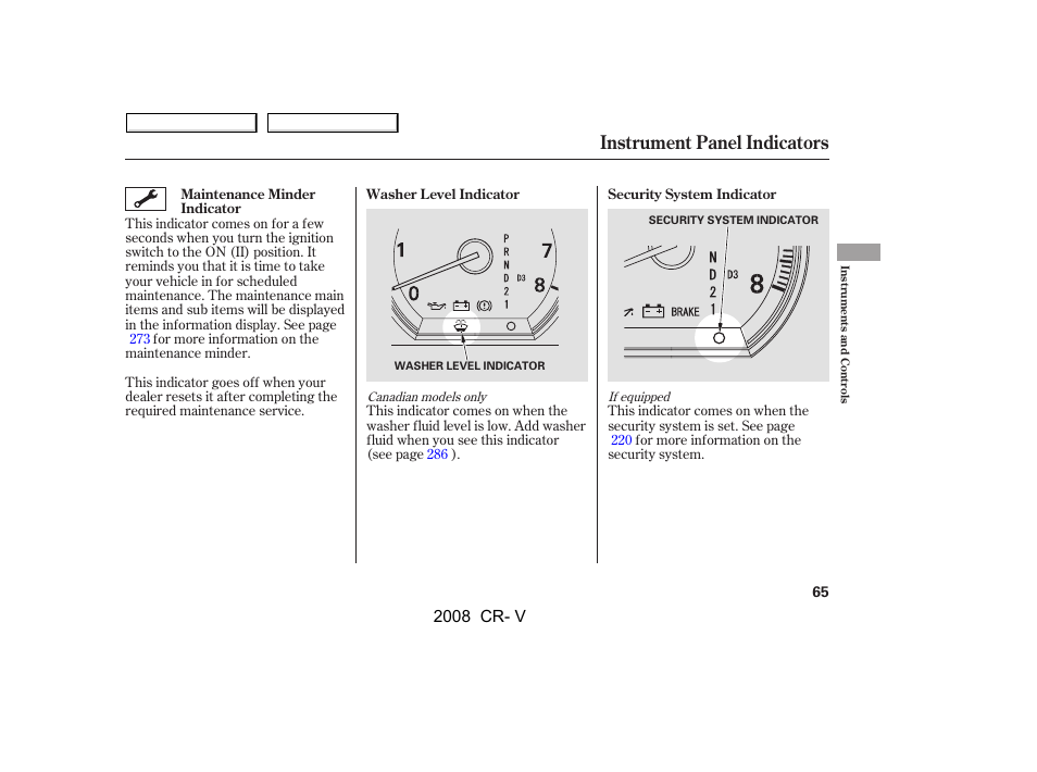 Instrument panel indicators, 2008 cr- v | HONDA 2008 CR-V User Manual | Page 69 / 373