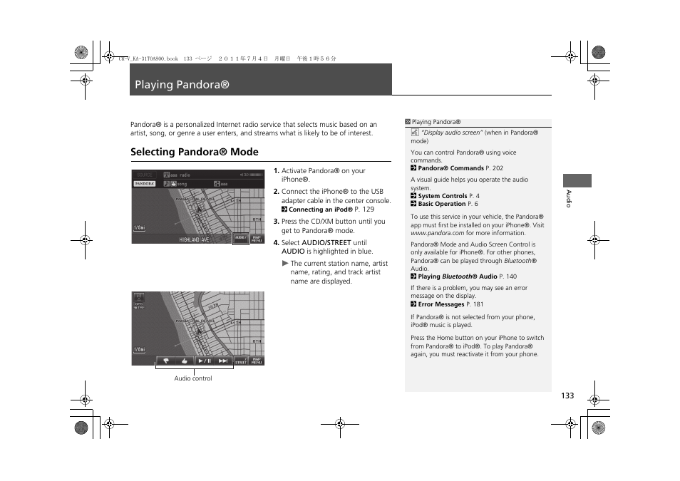 Playing pandora® 133, P133), Playing pandora | Selecting pandora® mode | HONDA 2012 CR-V Navigation User Manual | Page 135 / 213