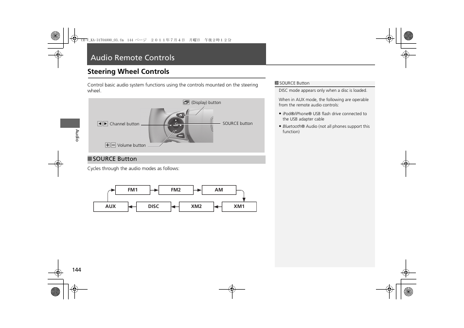 Audio remote controls 144, Tton, P144) | Audio remote controls, Steering wheel controls, Ls on the steering wheel, 2 audio remote controls, P. 144 | HONDA 2012 CR-V Navigation User Manual | Page 146 / 213