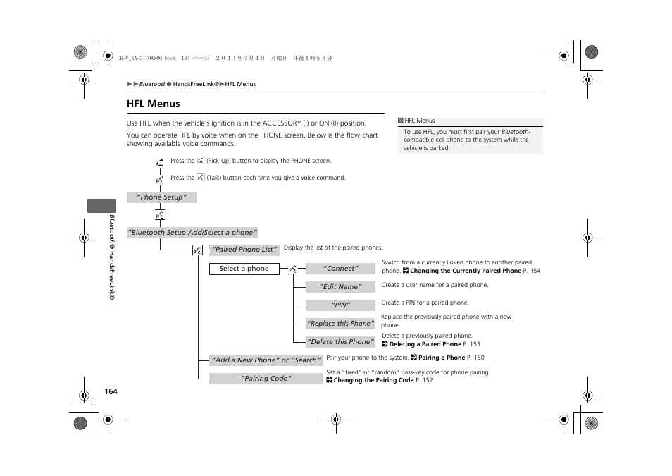 Hfl menus 164, Hfl menus, Commands. 2 hfl menus p. 164 | HONDA 2012 CR-V Navigation User Manual | Page 166 / 213