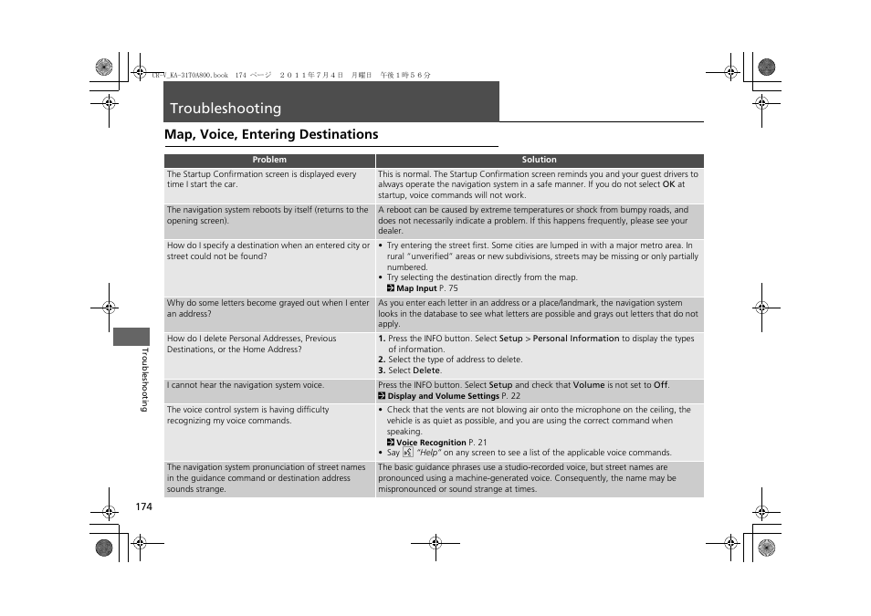 Troubleshooting 174, Troubleshooting, Map, voice, entering destinations | HONDA 2012 CR-V Navigation User Manual | Page 176 / 213