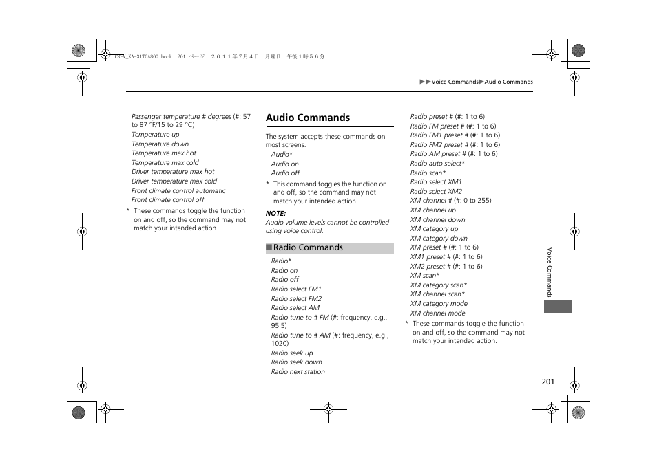 2 audio commands p. 201, 2 radio commands p. 201, Audio commands | HONDA 2012 CR-V Navigation User Manual | Page 203 / 213