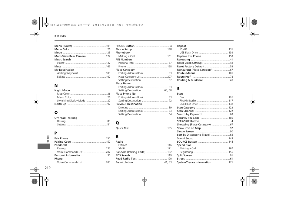 HONDA 2012 CR-V Navigation User Manual | Page 212 / 213