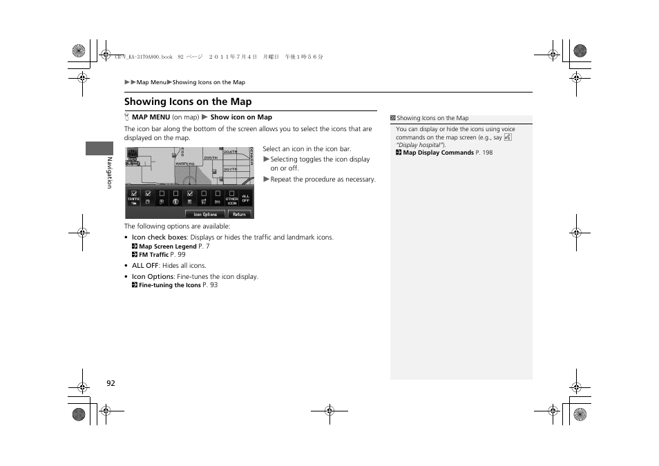 P92), Showing icons on the map, 2 showing icons on the map | P. 92 | HONDA 2012 CR-V Navigation User Manual | Page 94 / 213