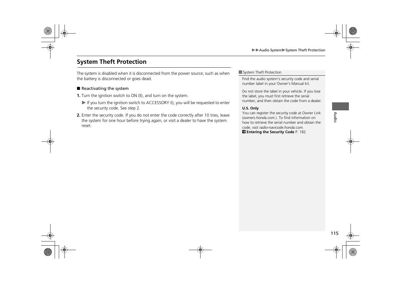 System theft protection | HONDA 2013 CR-Z Navigation User Manual | Page 117 / 209