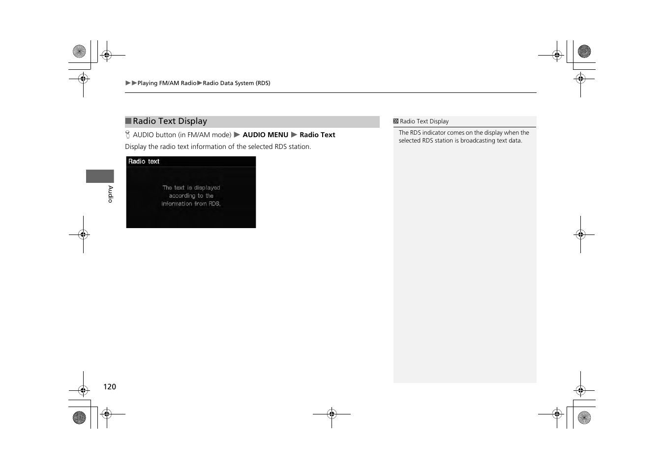 2 radio text display, P. 120 | HONDA 2013 CR-Z Navigation User Manual | Page 122 / 209