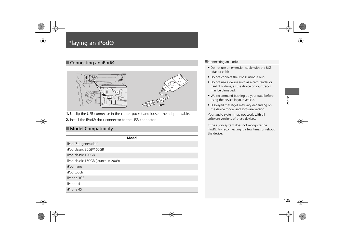 Playing an ipod® 125, P125), Playing an ipod | HONDA 2013 CR-Z Navigation User Manual | Page 127 / 209