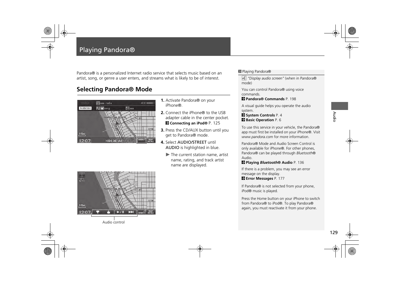 Playing pandora® 129, P129), Playing pandora | Selecting pandora® mode | HONDA 2013 CR-Z Navigation User Manual | Page 131 / 209