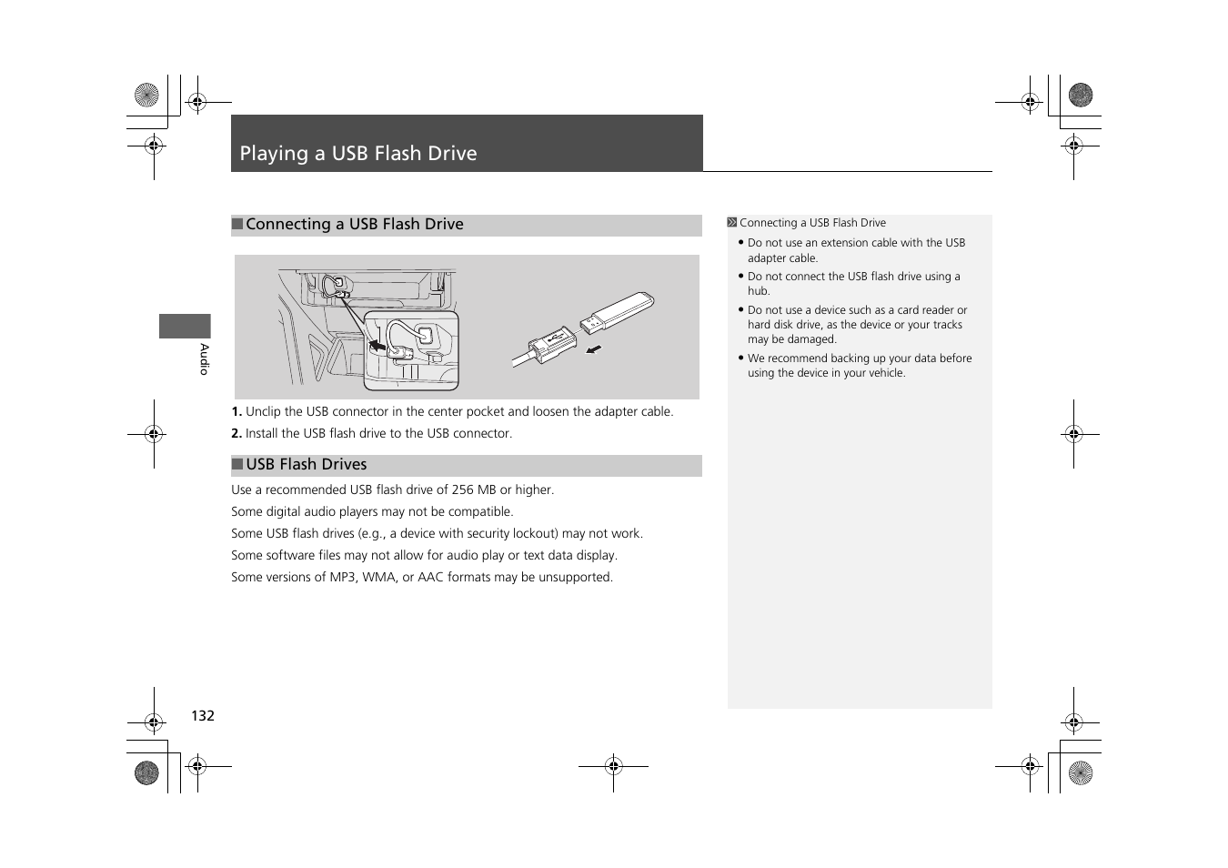 Playing a usb flash drive 132, P132), Playing a usb flash drive | HONDA 2013 CR-Z Navigation User Manual | Page 134 / 209