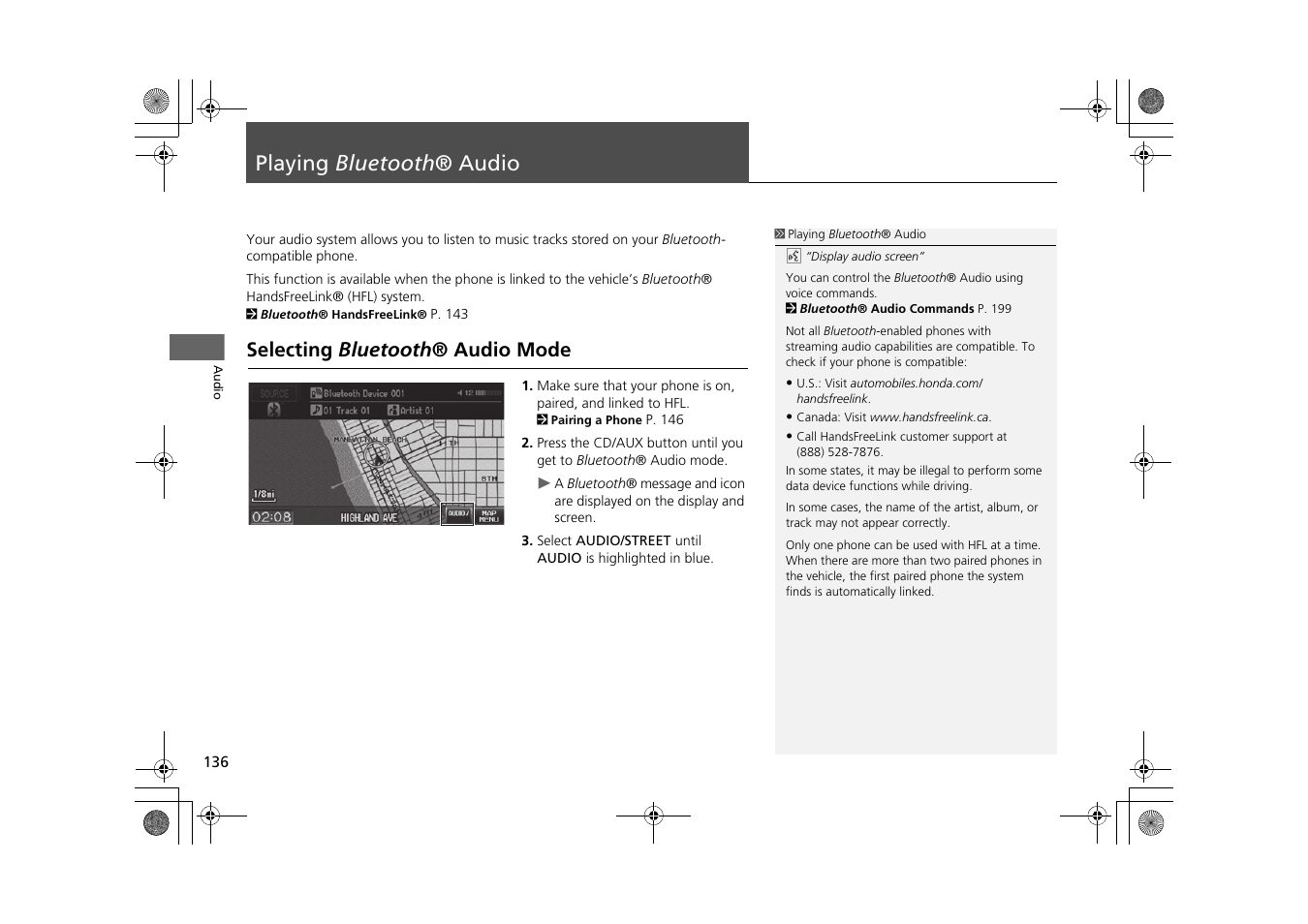 Playing bluetooth ® audio 136, P136), Playing bluetooth ® audio | Selecting bluetooth ® audio mode, Audio. 2 playing bluetooth ® audio p. 136 | HONDA 2013 CR-Z Navigation User Manual | Page 138 / 209