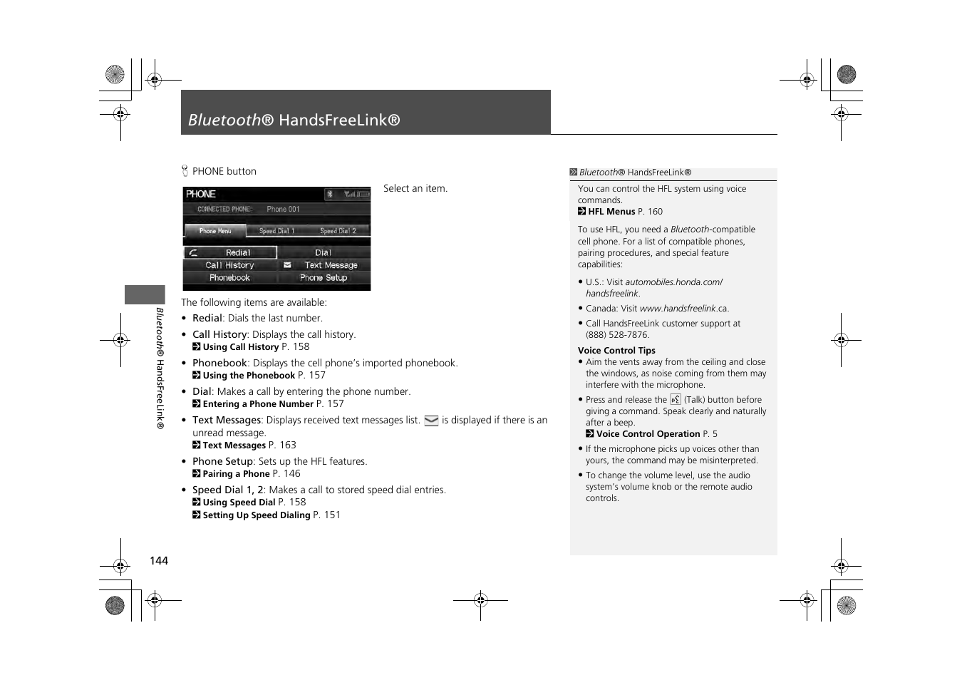 Bluetooth ® handsfreelink® 144, P144), 2 bluetooth ® handsfreelink® p. 144 | Bluetooth ® handsfreelink | HONDA 2013 CR-Z Navigation User Manual | Page 146 / 209