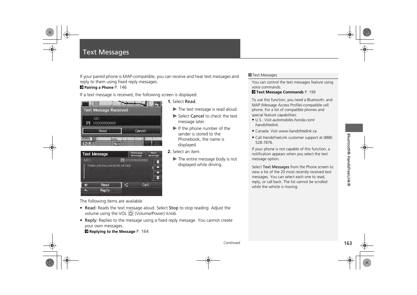 Text messages 163, P163), Text messages | 2 text messages, P. 163 | HONDA 2013 CR-Z Navigation User Manual | Page 165 / 209