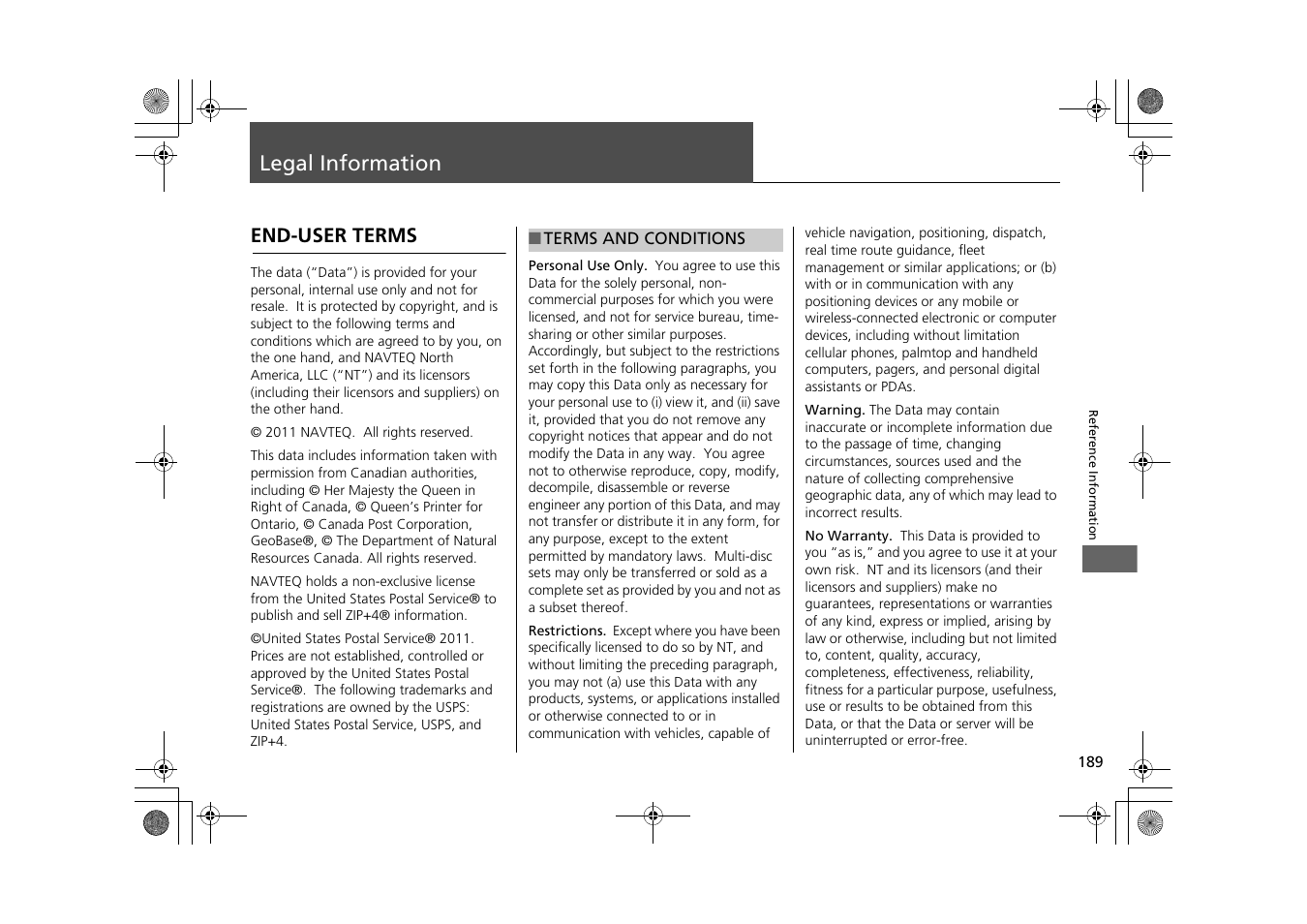 Legal information 189, Legal information, End-user terms | HONDA 2013 CR-Z Navigation User Manual | Page 191 / 209