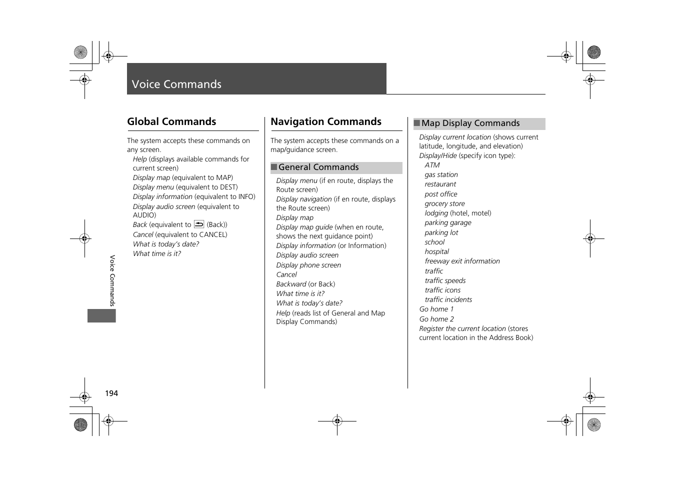 Voice commands 194, 2 voice commands, P. 194 | Oice commands. 2 global commands p. 194, 2 map display commands p. 194, Voice commands, Global commands navigation commands | HONDA 2013 CR-Z Navigation User Manual | Page 196 / 209