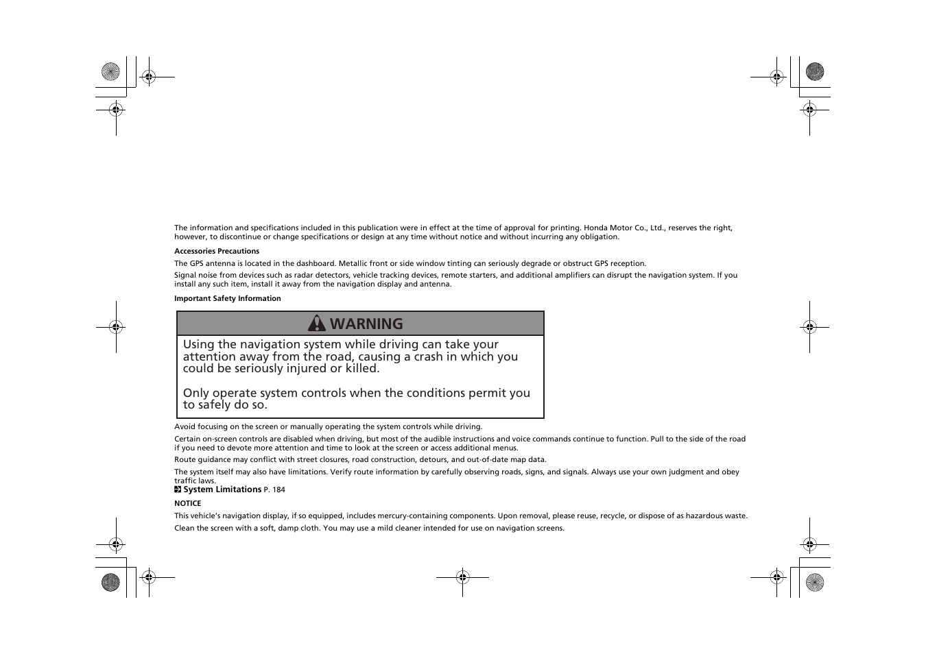 Warning | HONDA 2013 CR-Z Navigation User Manual | Page 2 / 209