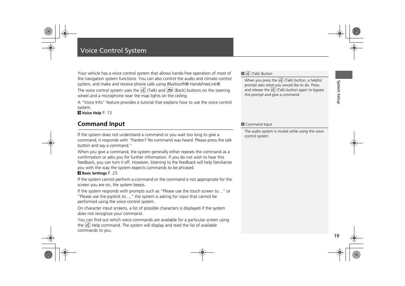 Voice control system 19, P19), Voice control system | Command input | HONDA 2013 CR-Z Navigation User Manual | Page 21 / 209