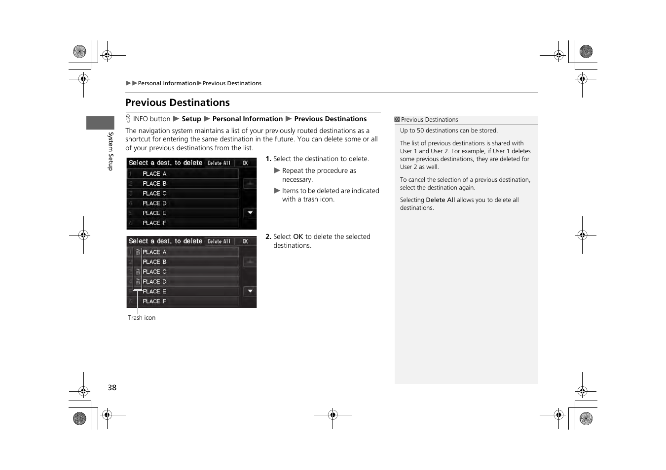 Previous destinations, 2 previous destinations, P. 38 | HONDA 2013 CR-Z Navigation User Manual | Page 40 / 209