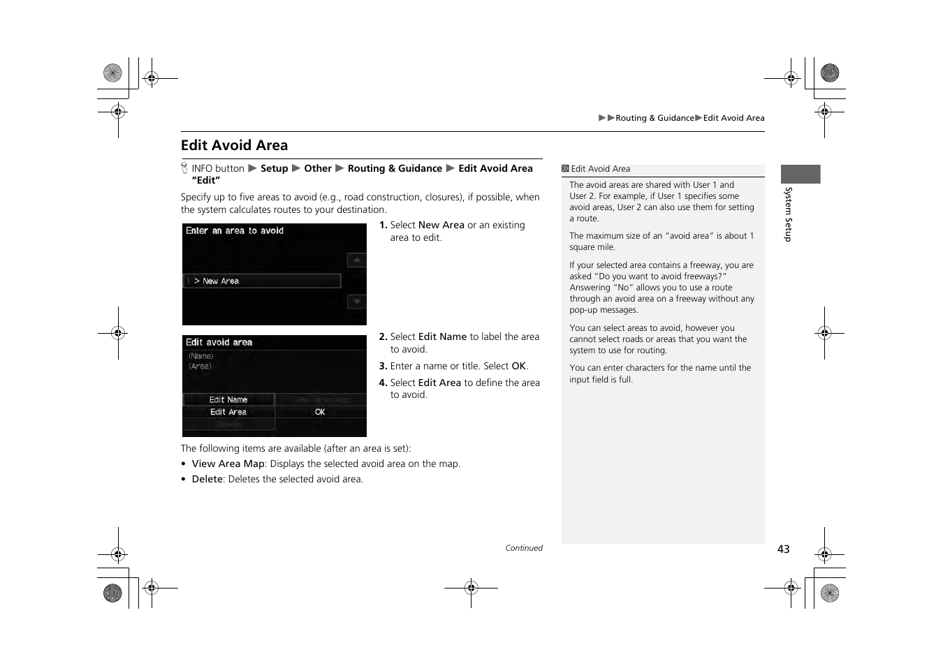 Edit avoid area, 2 edit avoid area, P. 43 | HONDA 2013 CR-Z Navigation User Manual | Page 45 / 209