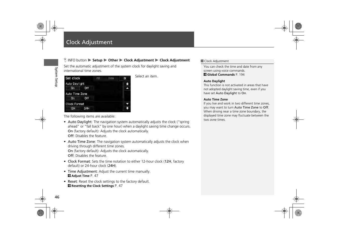 Clock adjustment 46, Clock adjustment | HONDA 2013 CR-Z Navigation User Manual | Page 48 / 209