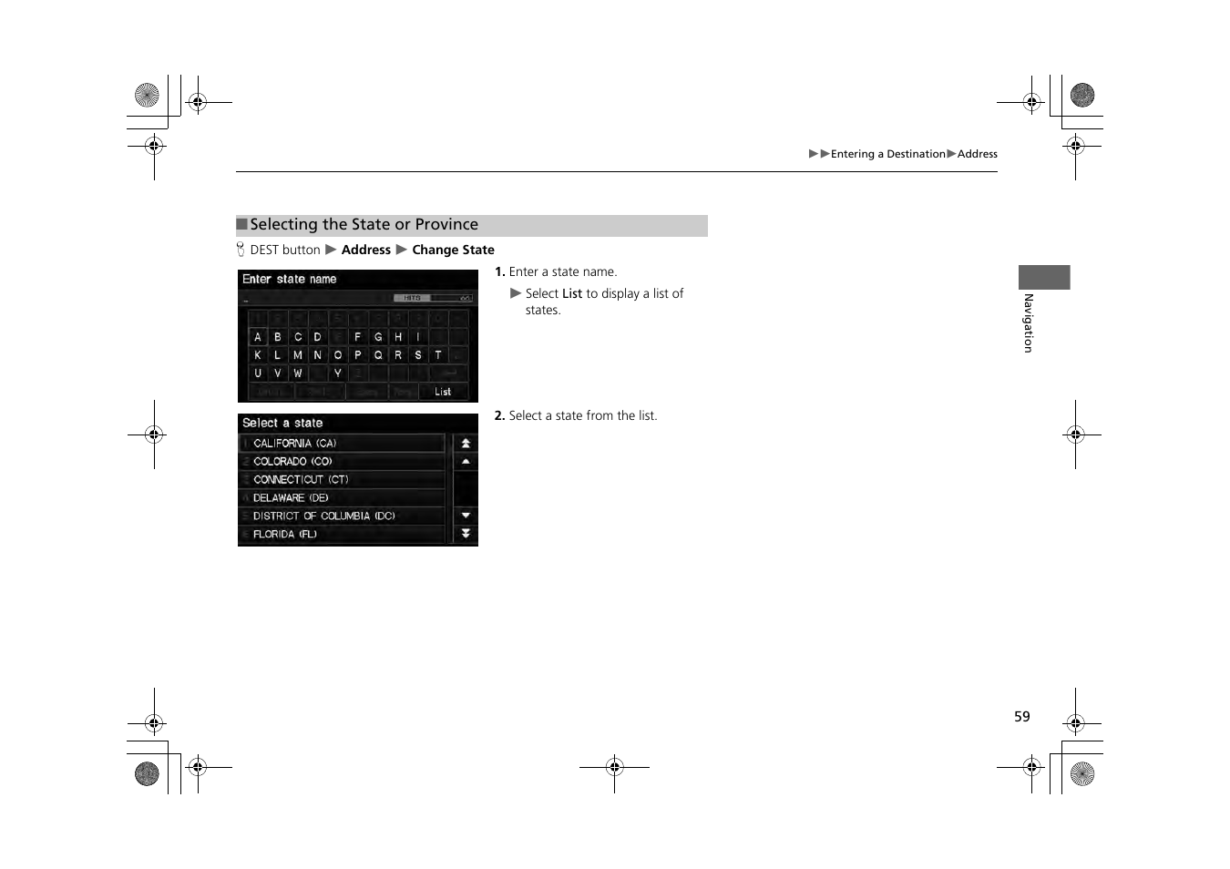 2 selecting the state or province, P. 59 | HONDA 2013 CR-Z Navigation User Manual | Page 61 / 209