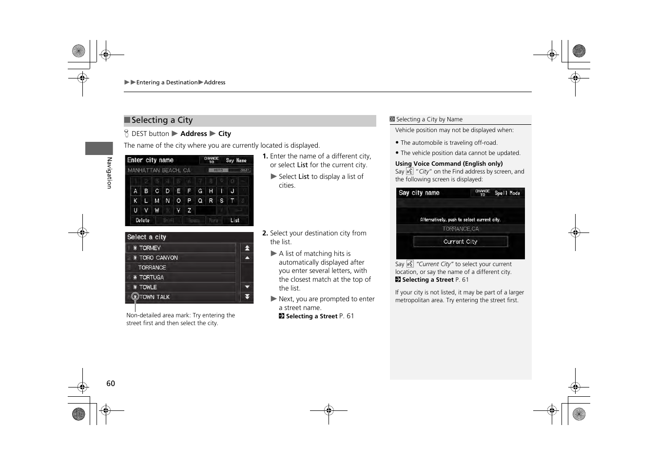2 selecting a city, P. 60 | HONDA 2013 CR-Z Navigation User Manual | Page 62 / 209