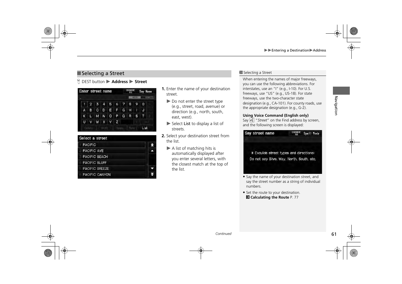 Reet, 2 selecting a street, P. 61 | HONDA 2013 CR-Z Navigation User Manual | Page 63 / 209