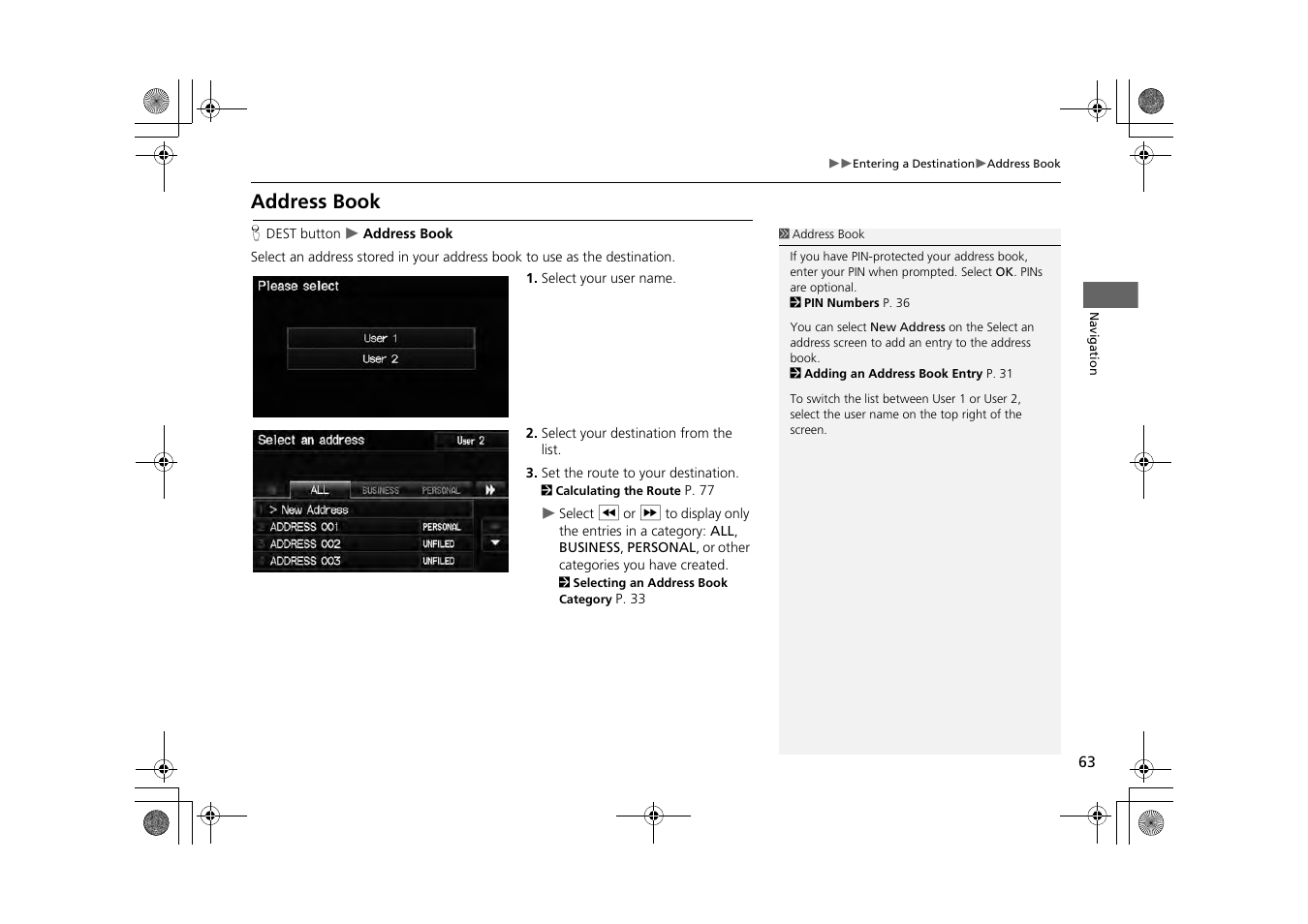 Address book, 2 address book, P. 63 | HONDA 2013 CR-Z Navigation User Manual | Page 65 / 209