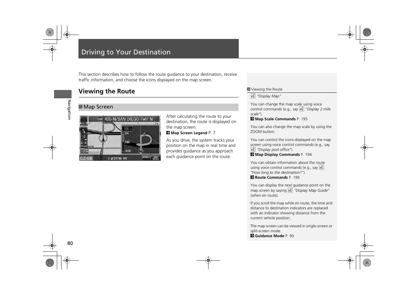 Driving to your destination 80, P80), Driving to your destination | Viewing the route, 2 driving to your destination, P. 80 | HONDA 2013 CR-Z Navigation User Manual | Page 82 / 209