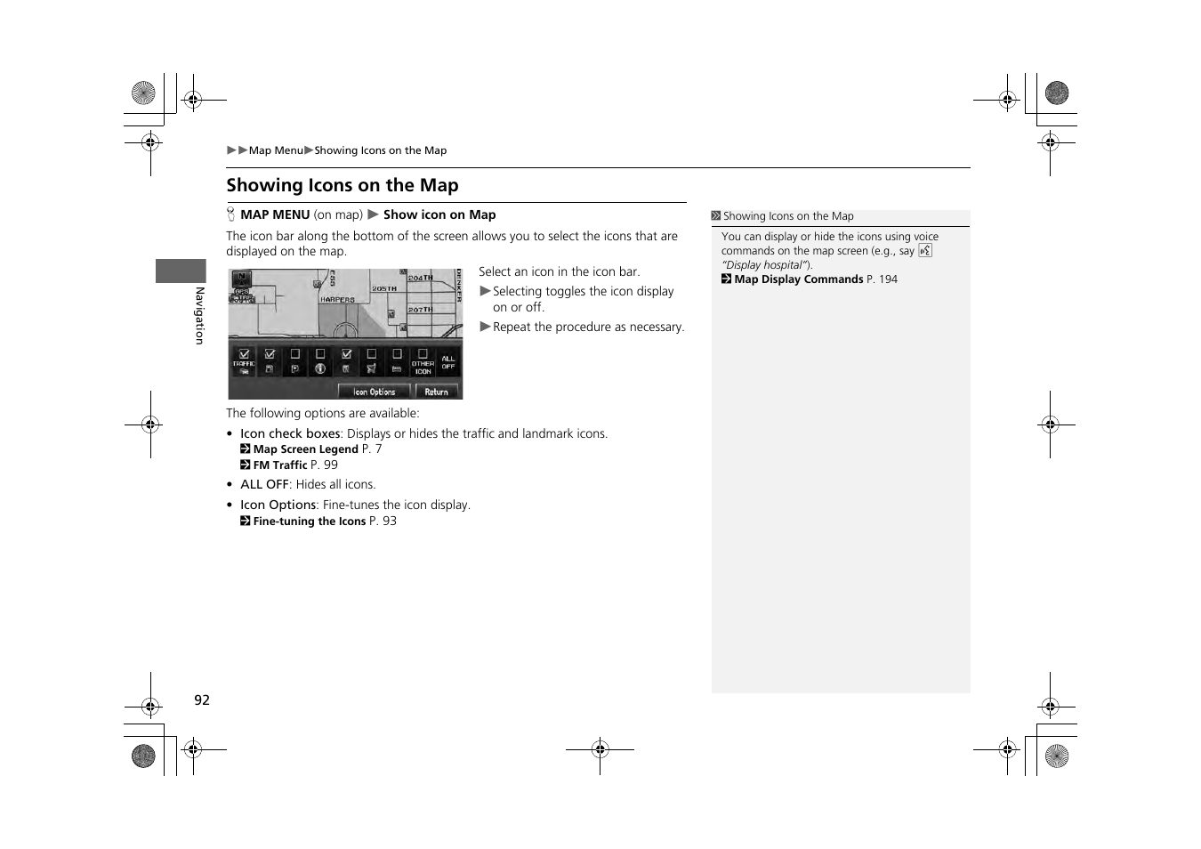 P92), Showing icons on the map, 2 showing icons on the map | P. 92 | HONDA 2013 CR-Z Navigation User Manual | Page 94 / 209