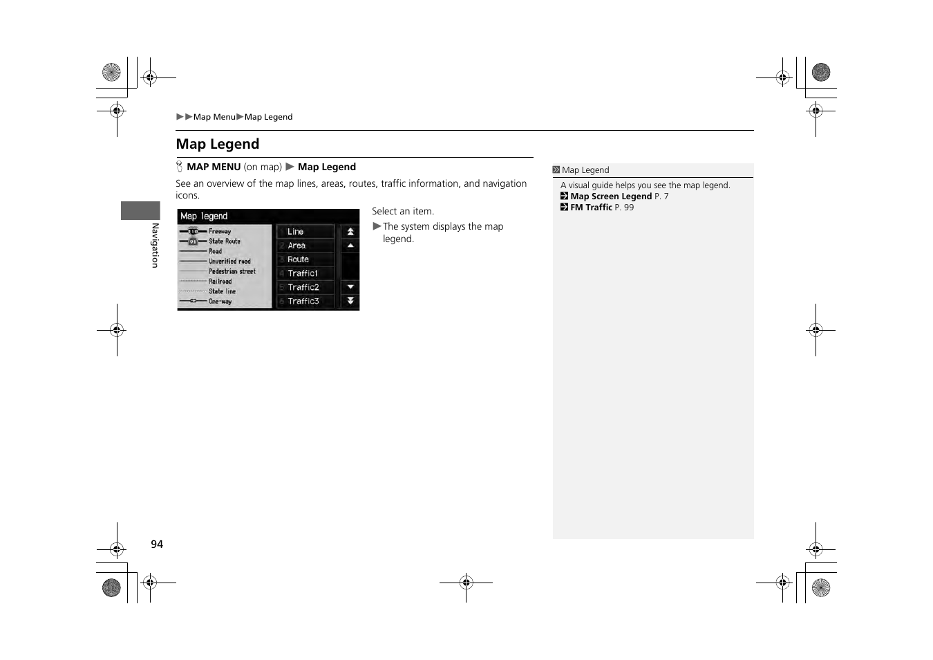 Map legend, Eatures, 2 map legend | P. 94 | HONDA 2013 CR-Z Navigation User Manual | Page 96 / 209