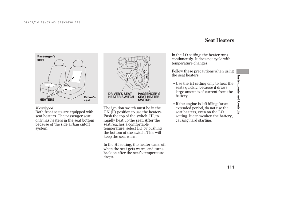 Seat heaters | HONDA 2010 CR-V User Manual | Page 117 / 446