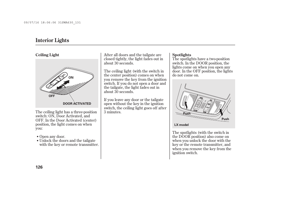 Interior lights | HONDA 2010 CR-V User Manual | Page 132 / 446