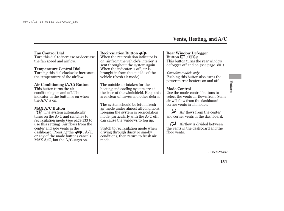 Vents, heating, and a/c | HONDA 2010 CR-V User Manual | Page 137 / 446