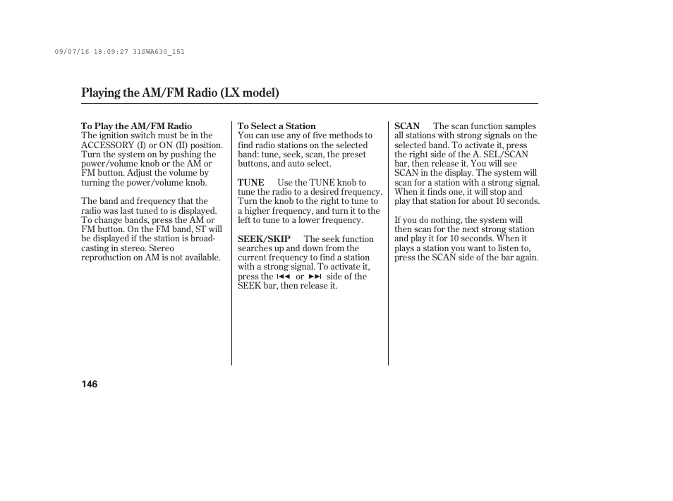 Playing the am/fm radio (lx model) | HONDA 2010 CR-V User Manual | Page 152 / 446