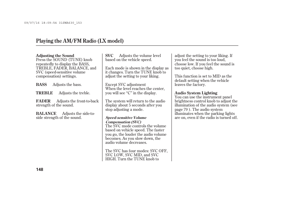 Playing the am/fm radio (lx model) | HONDA 2010 CR-V User Manual | Page 154 / 446