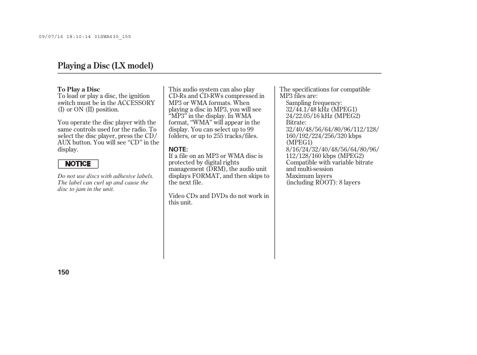 Playing a disc (lx model) | HONDA 2010 CR-V User Manual | Page 156 / 446