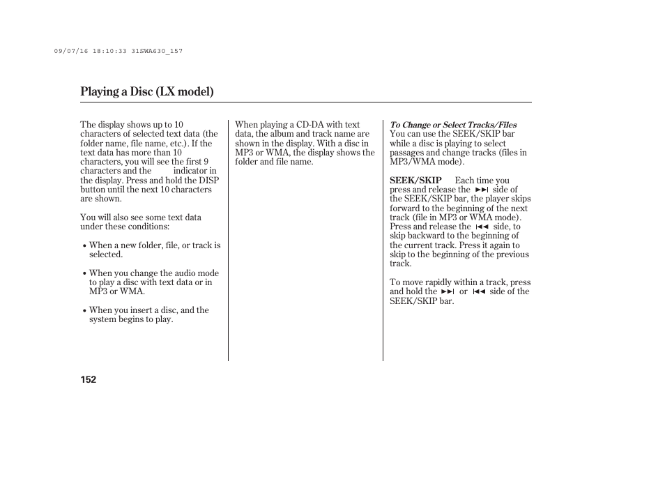 Playing a disc (lx model) | HONDA 2010 CR-V User Manual | Page 158 / 446