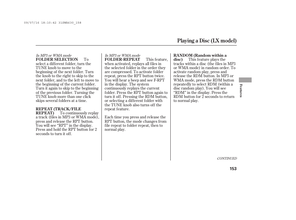 Playing a disc (lx model) | HONDA 2010 CR-V User Manual | Page 159 / 446