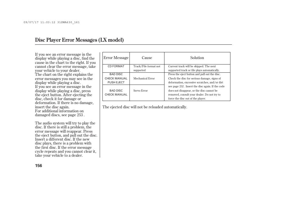 Disc player error messages (lx model) | HONDA 2010 CR-V User Manual | Page 162 / 446