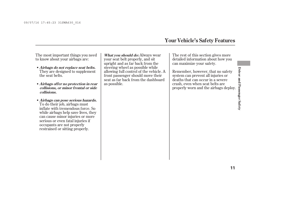 Your vehicle’s safety features | HONDA 2010 CR-V User Manual | Page 17 / 446
