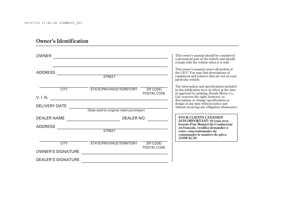 Owner’s identification | HONDA 2010 CR-V User Manual | Page 2 / 446