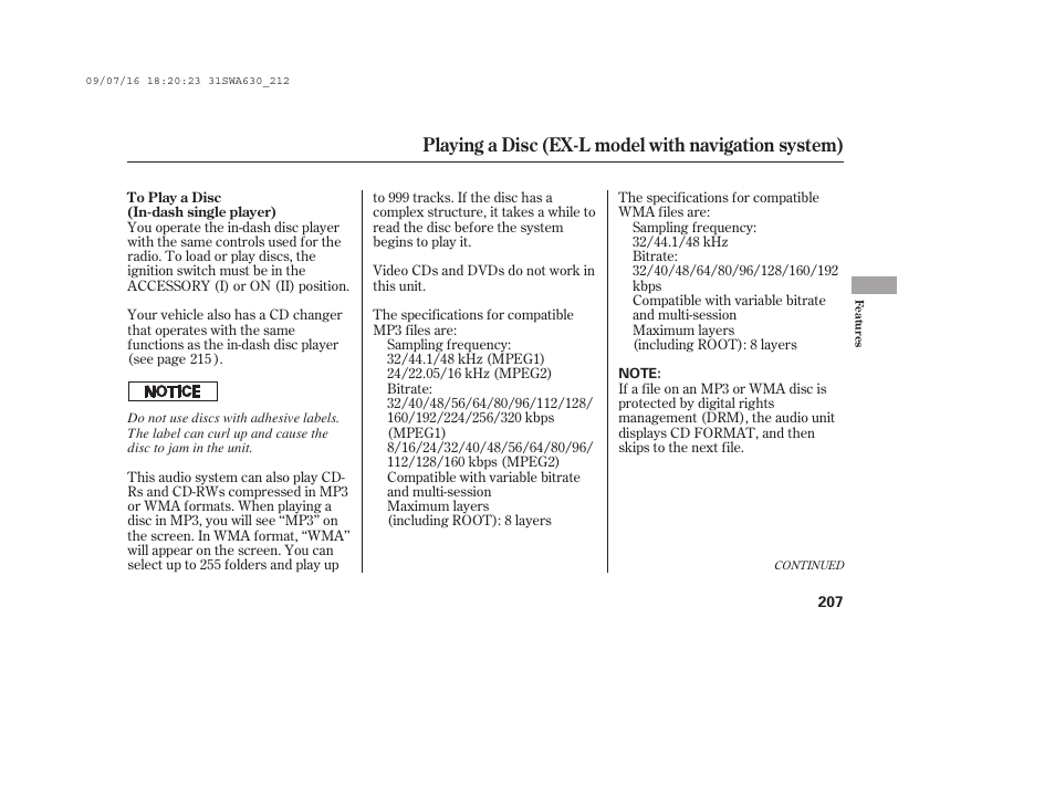 Playing a disc (ex-l model with navigation system) | HONDA 2010 CR-V User Manual | Page 213 / 446